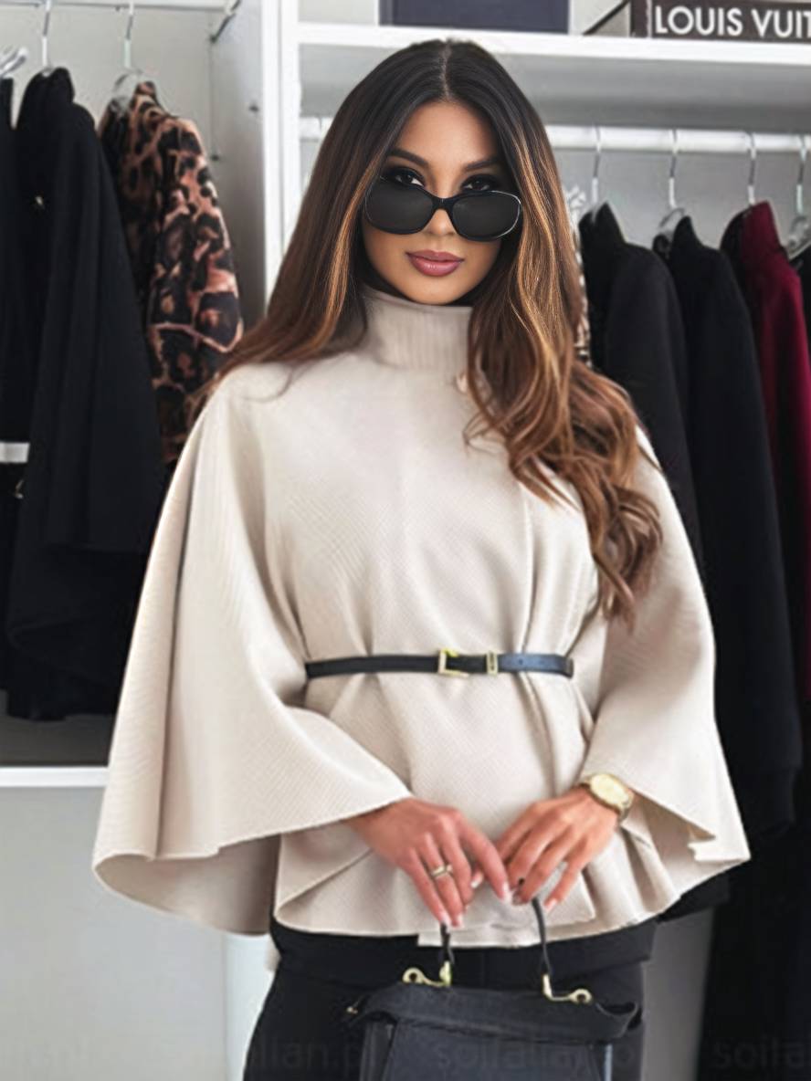 Poncho Court Femme Élégant avec Ceinture et Manches Evasées | FALLIN - MYLES Boutique