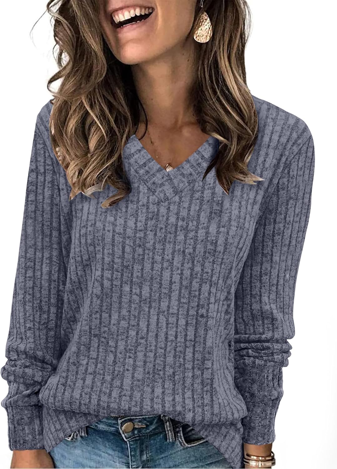 Pullover mit V-Ausschnitt und Rippenstruktur für Damen | COSYKNIT™