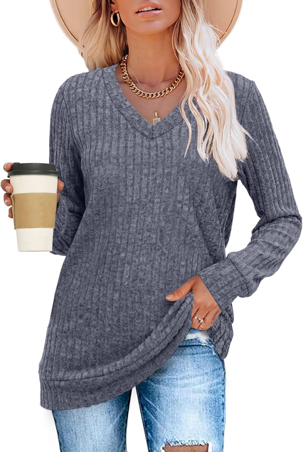Pullover mit V-Ausschnitt und Rippenstruktur für Damen | COSYKNIT™