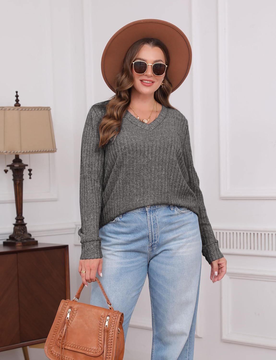 Pullover mit V-Ausschnitt und Rippenstruktur für Damen | COSYKNIT™