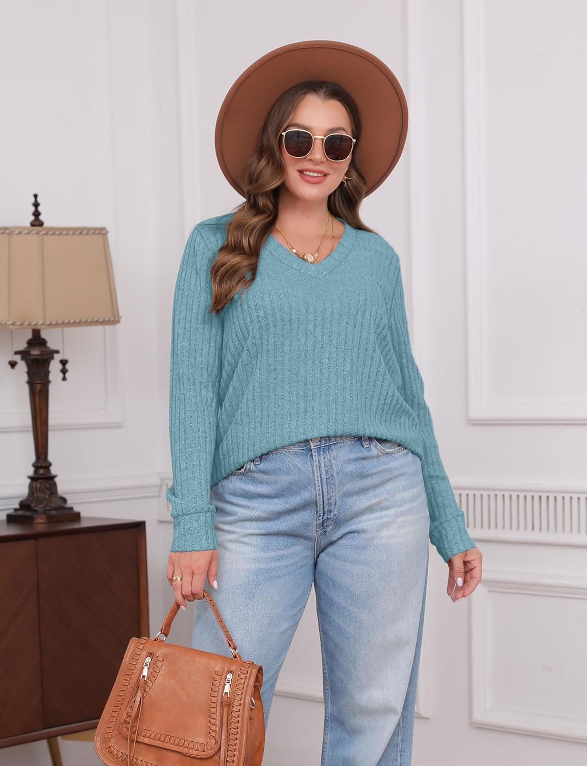 Pullover mit V-Ausschnitt und Rippenstruktur für Damen | COSYKNIT™