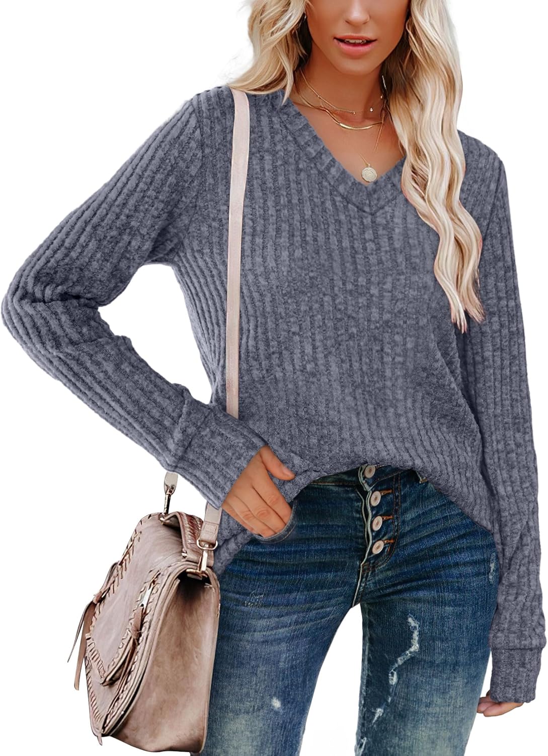 Pullover mit V-Ausschnitt und Rippenstruktur für Damen | COSYKNIT™