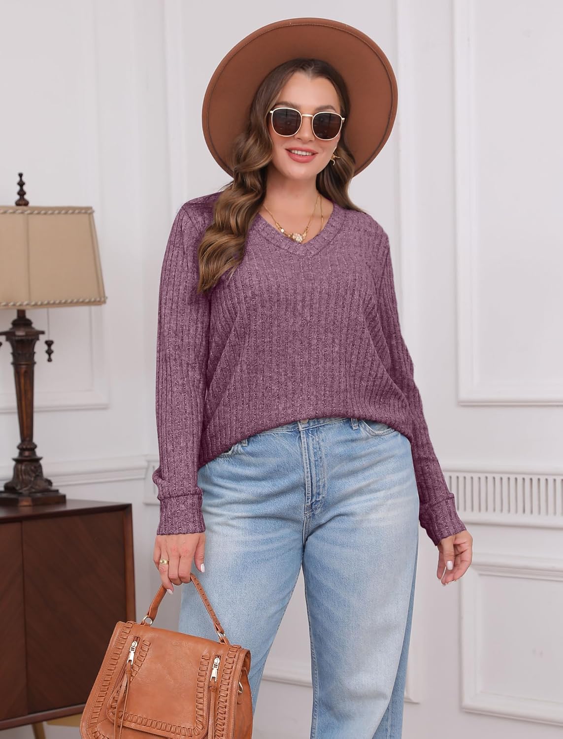 Pullover mit V-Ausschnitt und Rippenstruktur für Damen | COSYKNIT™