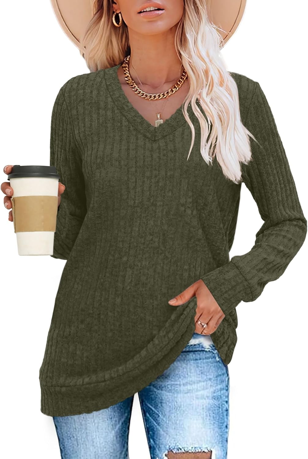 Pullover mit V-Ausschnitt und Rippenstruktur für Damen | COSYKNIT™