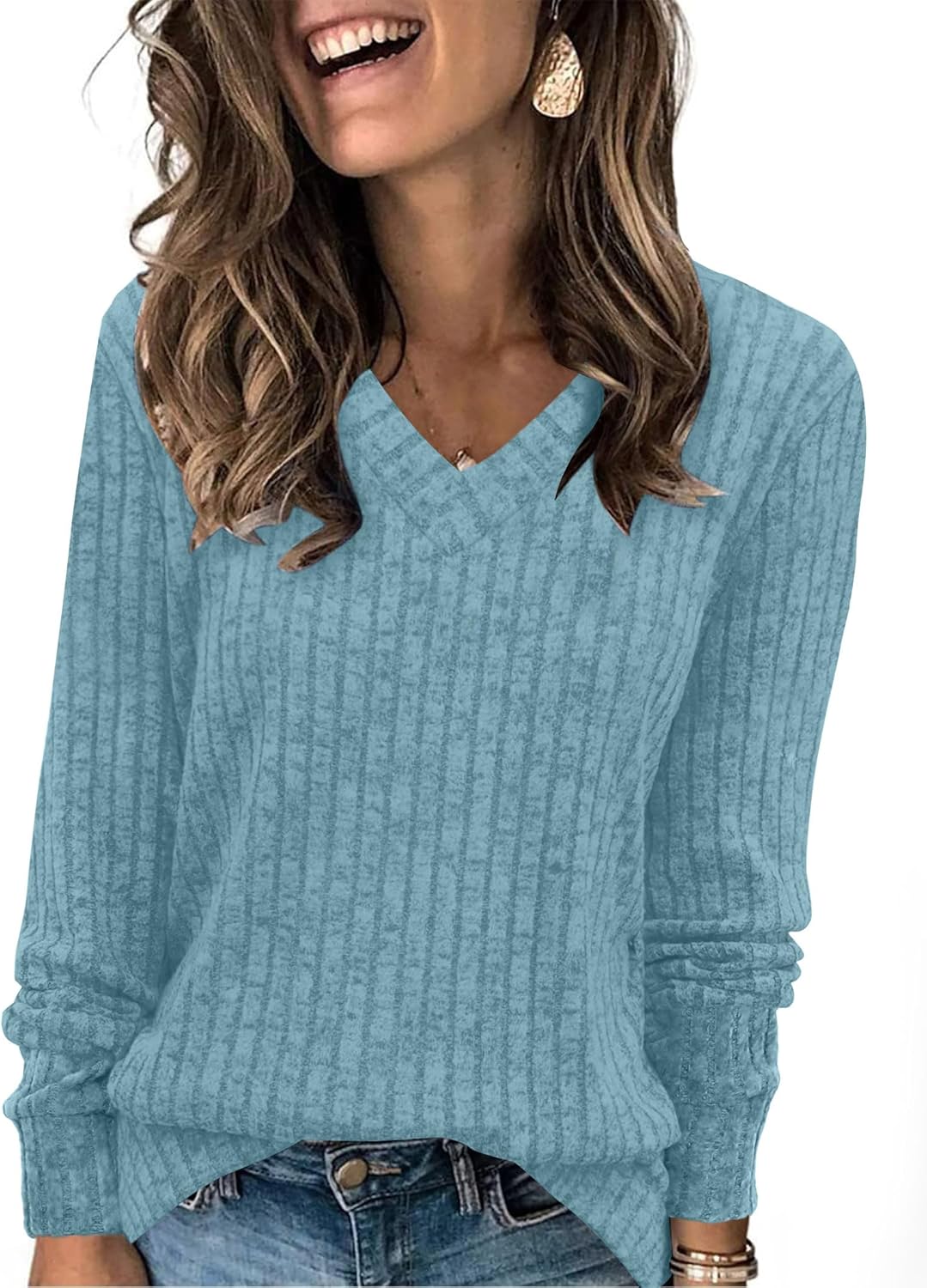 Pullover mit V-Ausschnitt und Rippenstruktur für Damen | COSYKNIT™