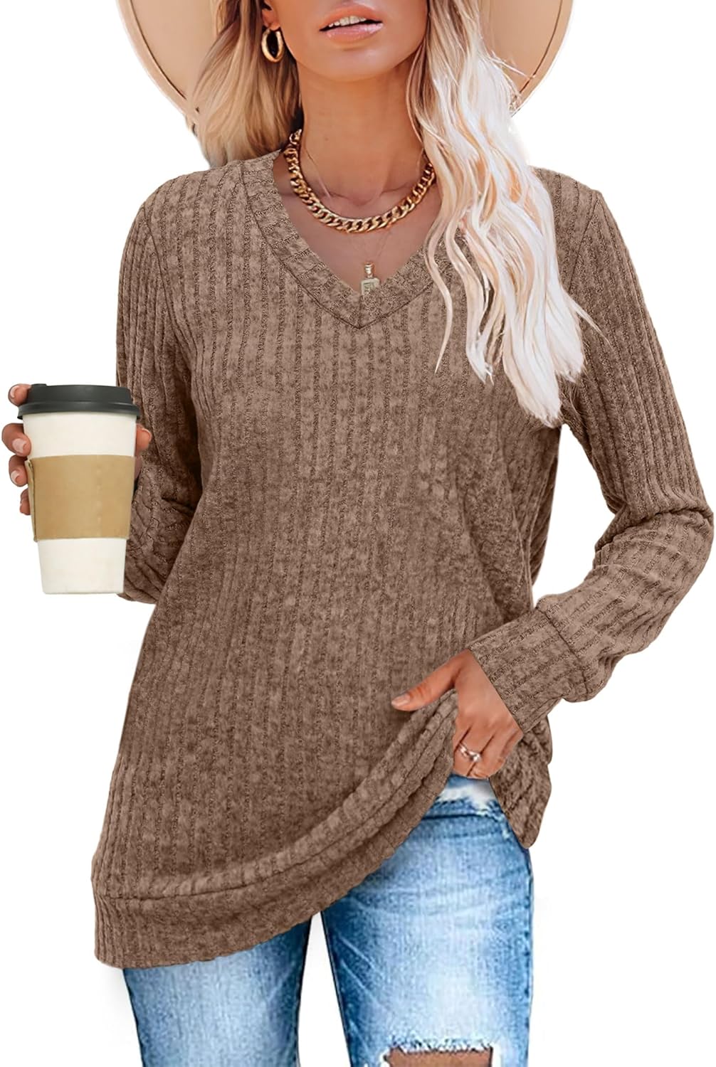 Pullover mit V-Ausschnitt und Rippenstruktur für Damen | COSYKNIT™