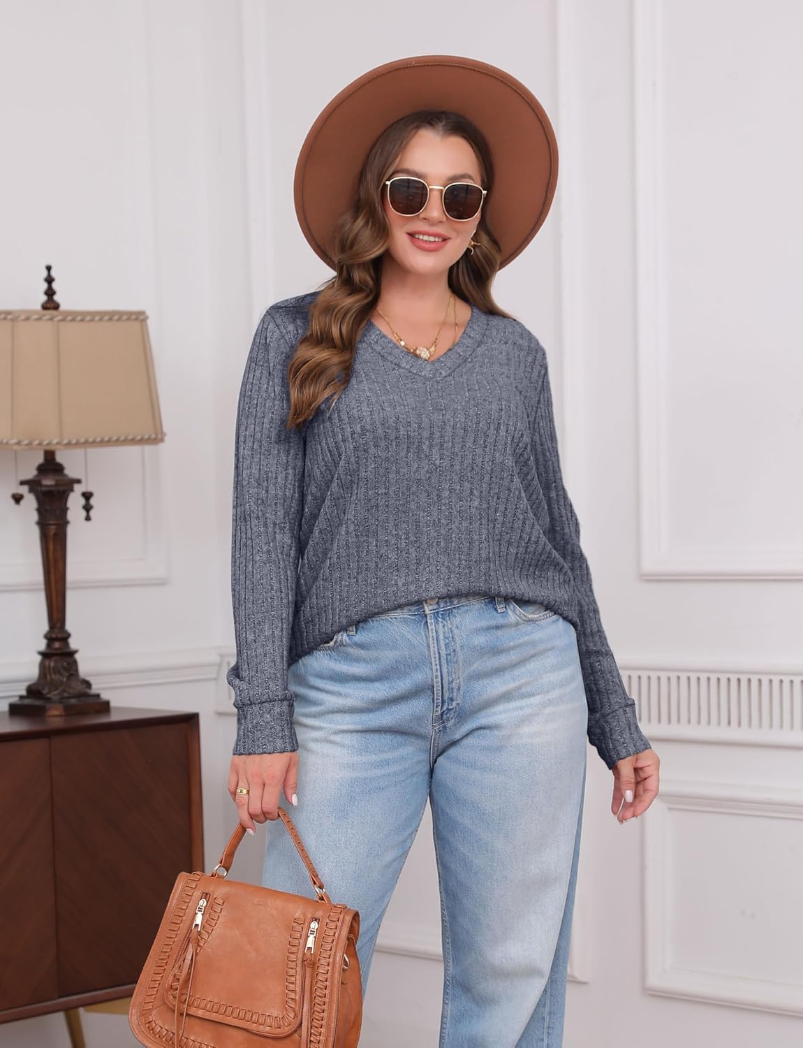 Pullover mit V-Ausschnitt und Rippenstruktur für Damen | COSYKNIT™