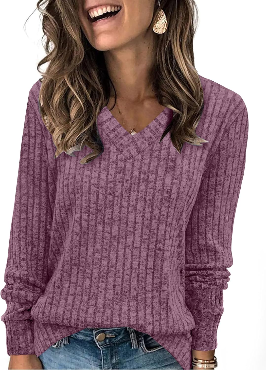 Pullover mit V-Ausschnitt und Rippenstruktur für Damen | COSYKNIT™