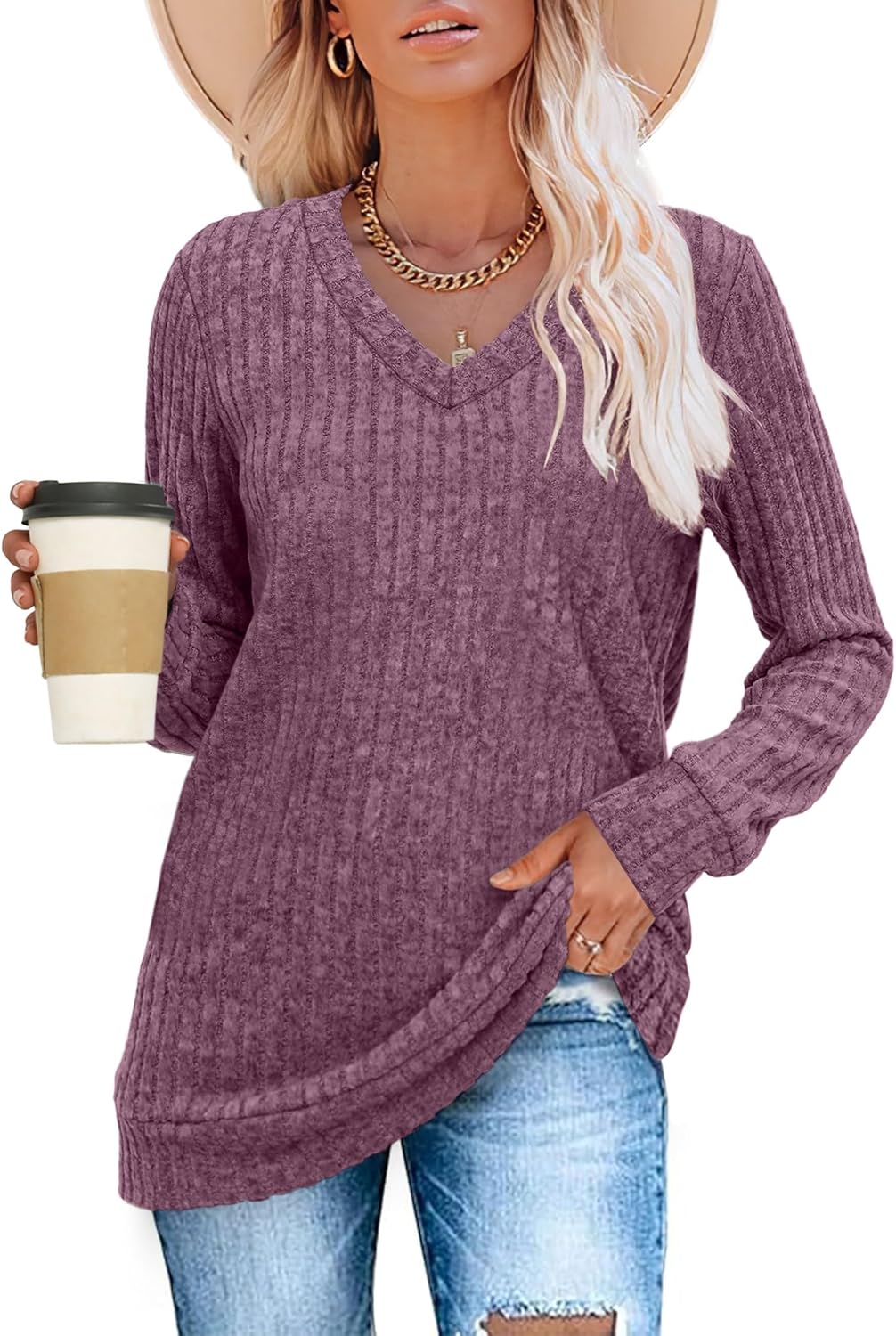 Pullover mit V-Ausschnitt und Rippenstruktur für Damen | COSYKNIT™