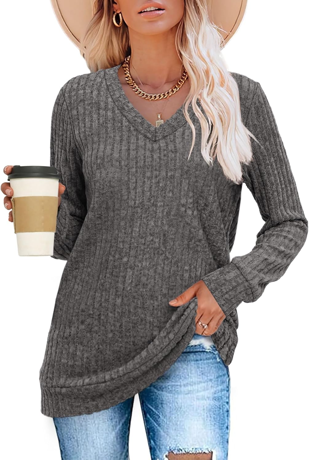 Pullover mit V-Ausschnitt und Rippenstruktur für Damen | COSYKNIT™