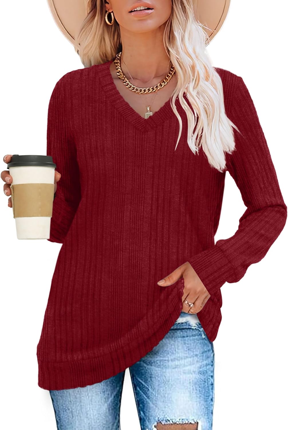 Pullover mit V-Ausschnitt und Rippenstruktur für Damen | COSYKNIT™