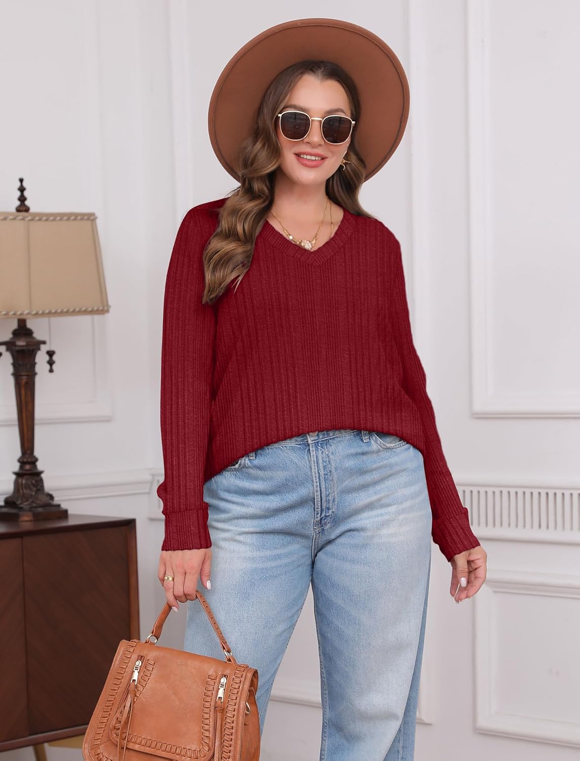 Pullover mit V-Ausschnitt und Rippenstruktur für Damen | COSYKNIT™