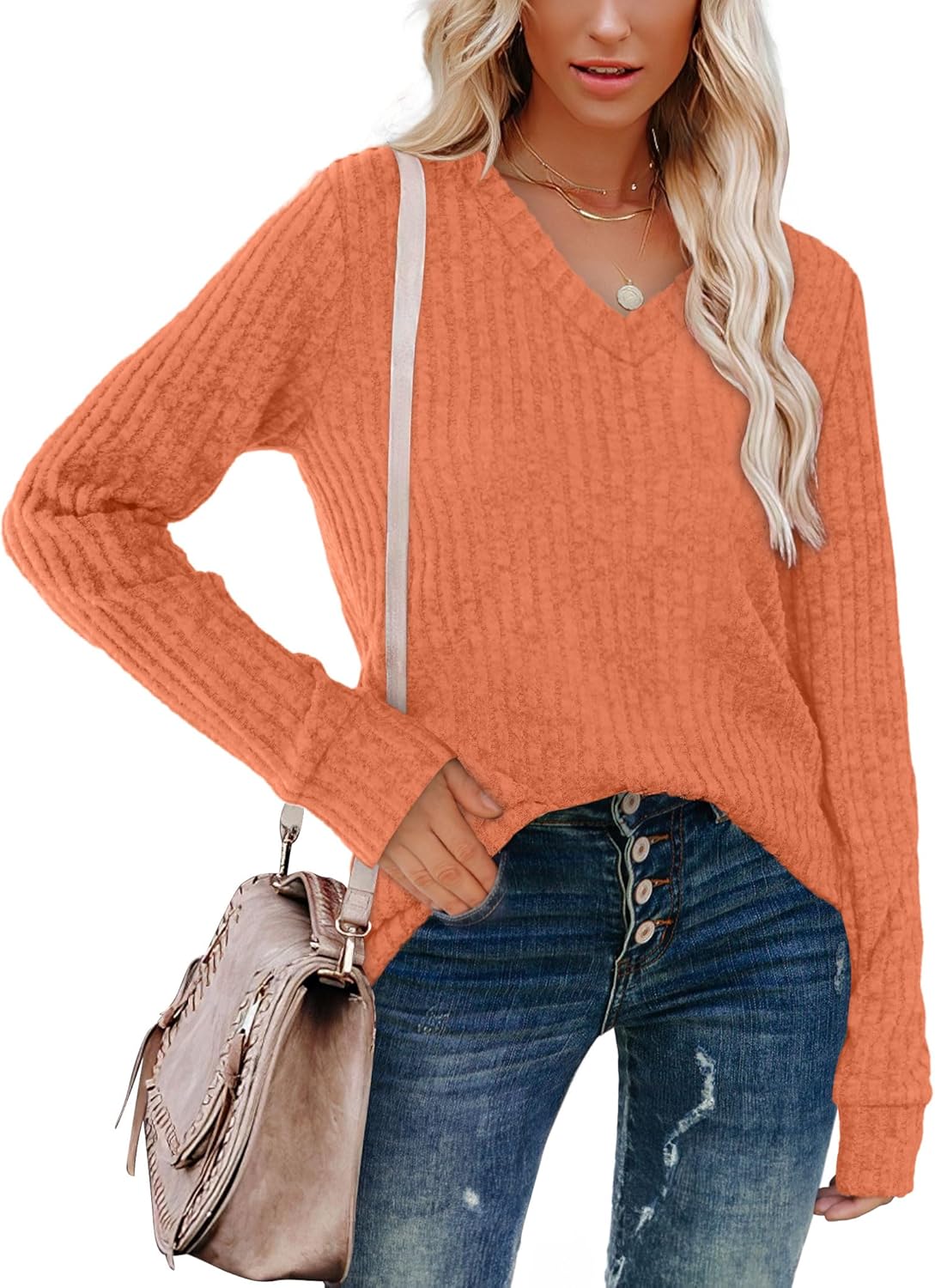 Pullover mit V-Ausschnitt und Rippenstruktur für Damen | COSYKNIT™