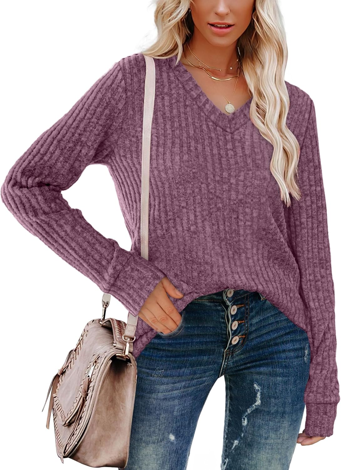 Pullover mit V-Ausschnitt und Rippenstruktur für Damen | COSYKNIT™