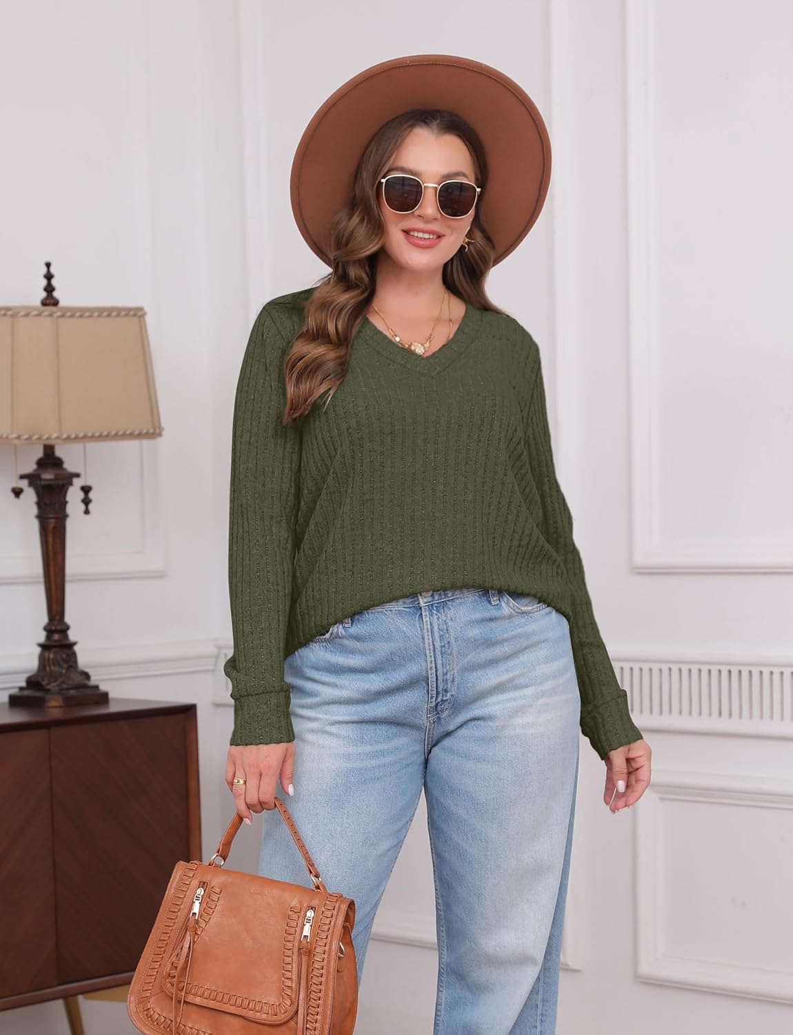 Pullover mit V-Ausschnitt und Rippenstruktur für Damen | COSYKNIT™