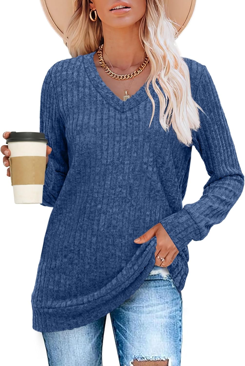 Pullover mit V-Ausschnitt und Rippenstruktur für Damen | COSYKNIT™