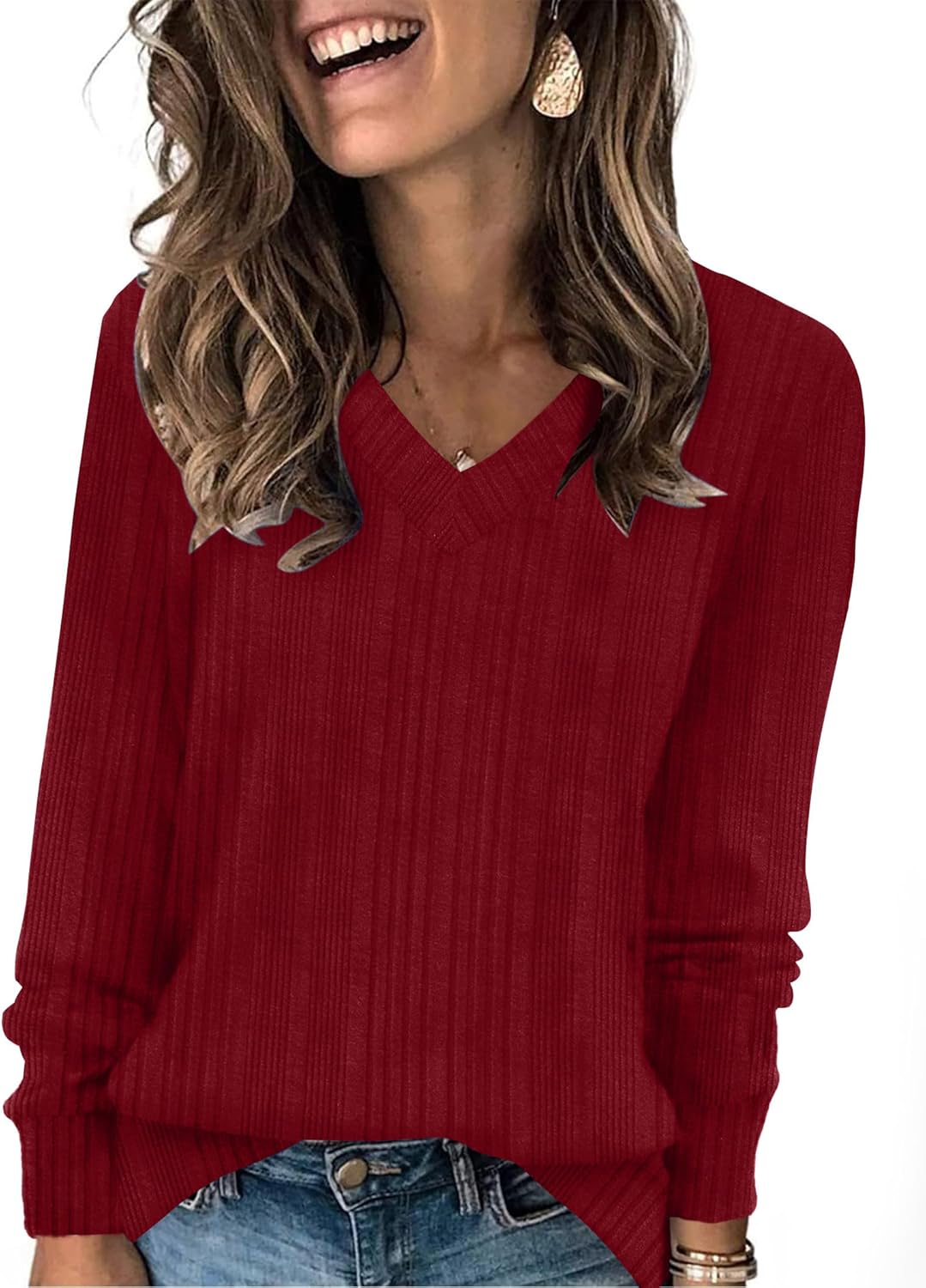 Pullover mit V-Ausschnitt und Rippenstruktur für Damen | COSYKNIT™