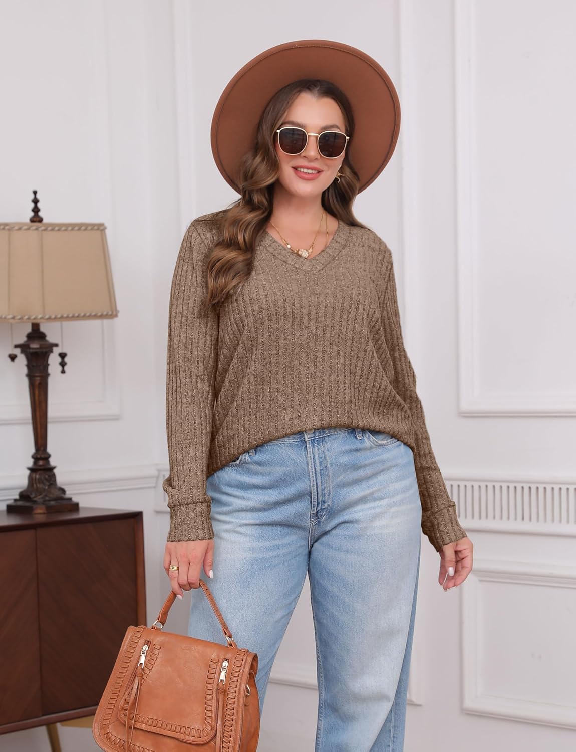 Pullover mit V-Ausschnitt und Rippenstruktur für Damen | COSYKNIT™