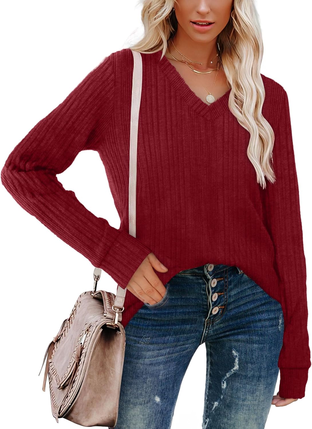 Pullover mit V-Ausschnitt und Rippenstruktur für Damen | COSYKNIT™
