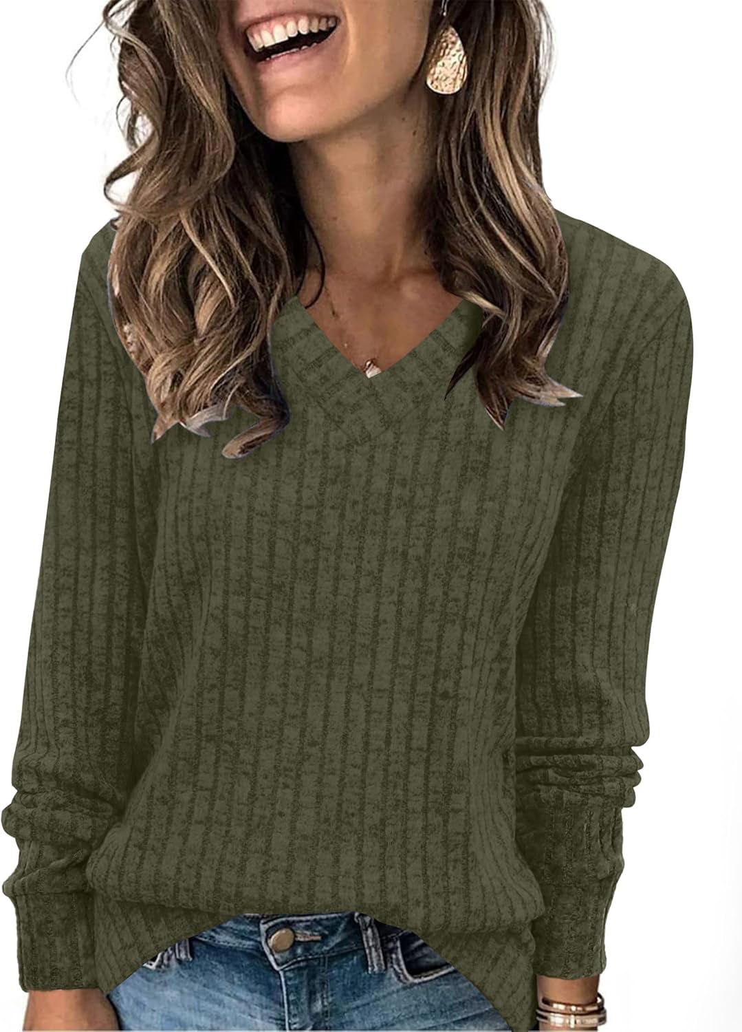 Pullover mit V-Ausschnitt und Rippenstruktur für Damen | COSYKNIT™