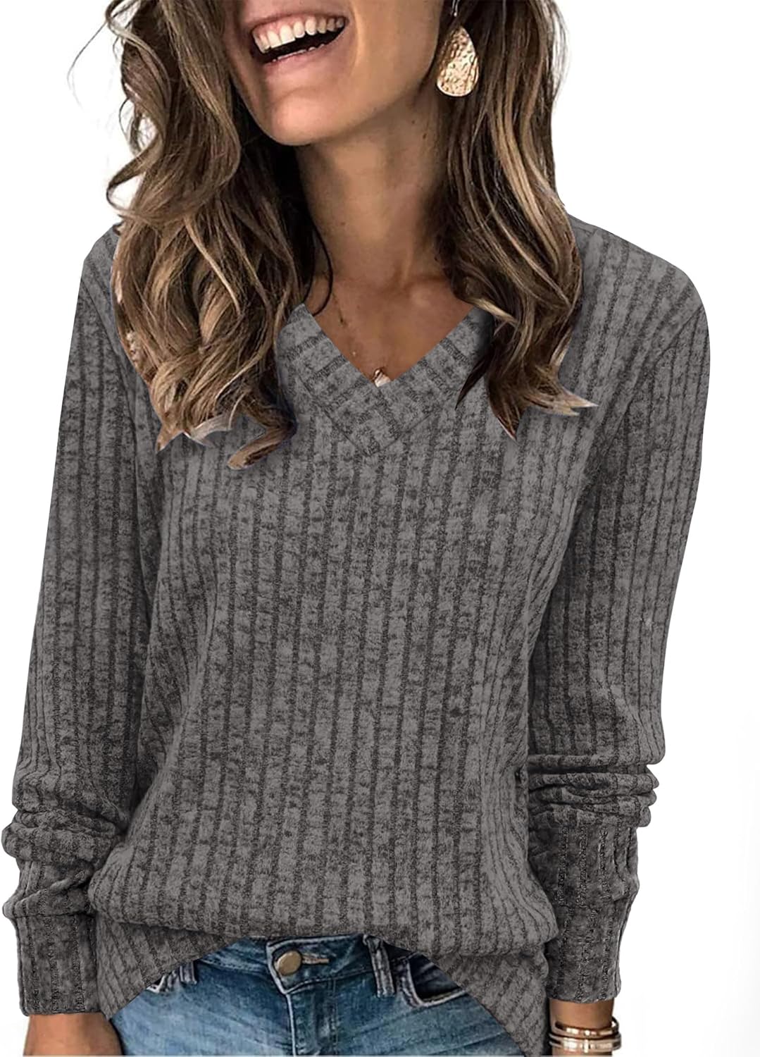 Pullover mit V-Ausschnitt und Rippenstruktur für Damen | COSYKNIT™