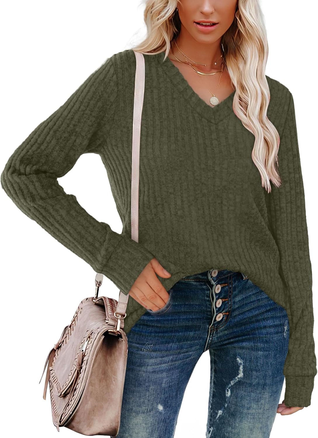 Pullover mit V-Ausschnitt und Rippenstruktur für Damen | COSYKNIT™