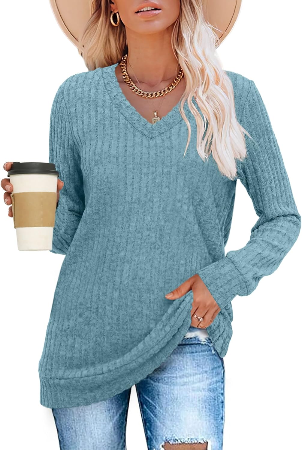Pullover mit V-Ausschnitt und Rippenstruktur für Damen | COSYKNIT™