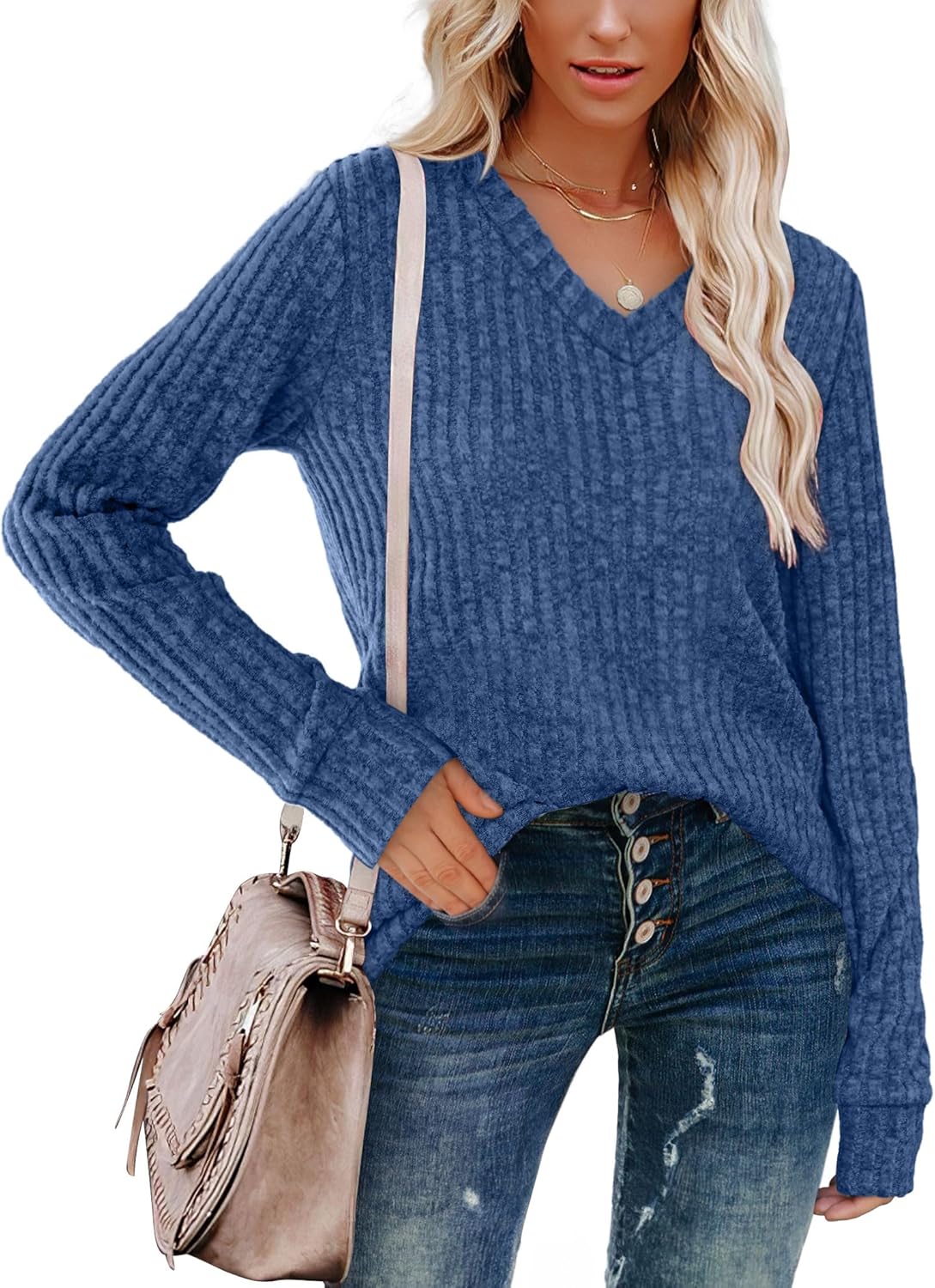 Pullover mit V-Ausschnitt und Rippenstruktur für Damen | COSYKNIT™