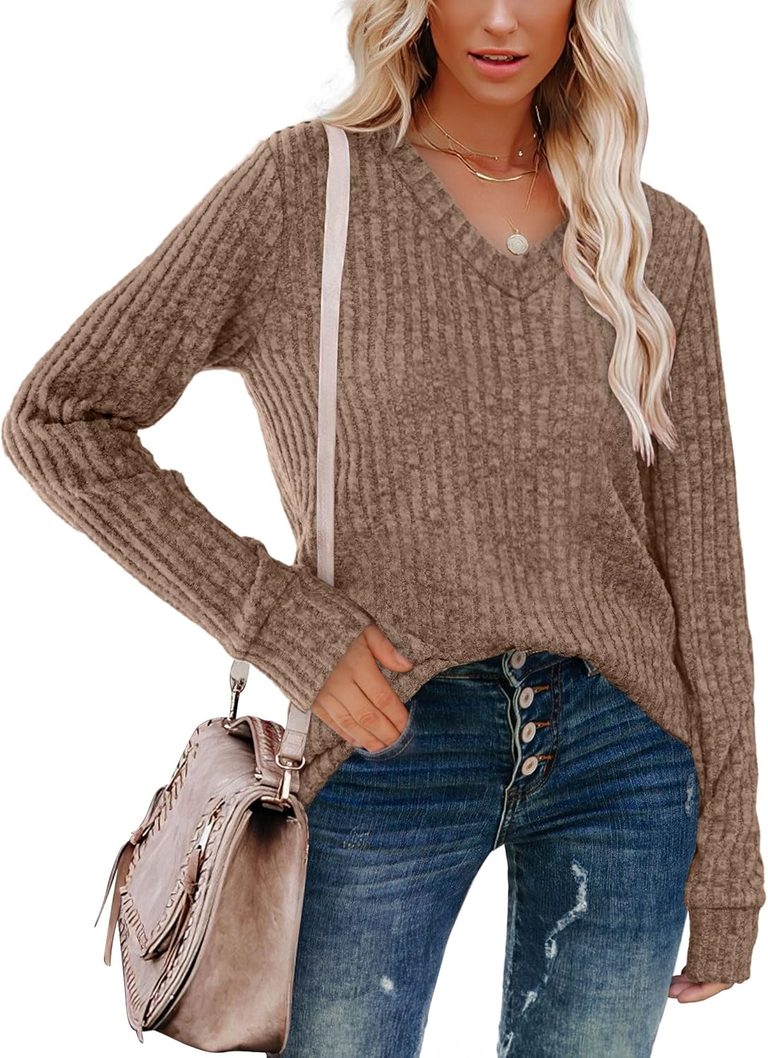 Pullover mit V-Ausschnitt und Rippenstruktur für Damen | COSYKNIT™