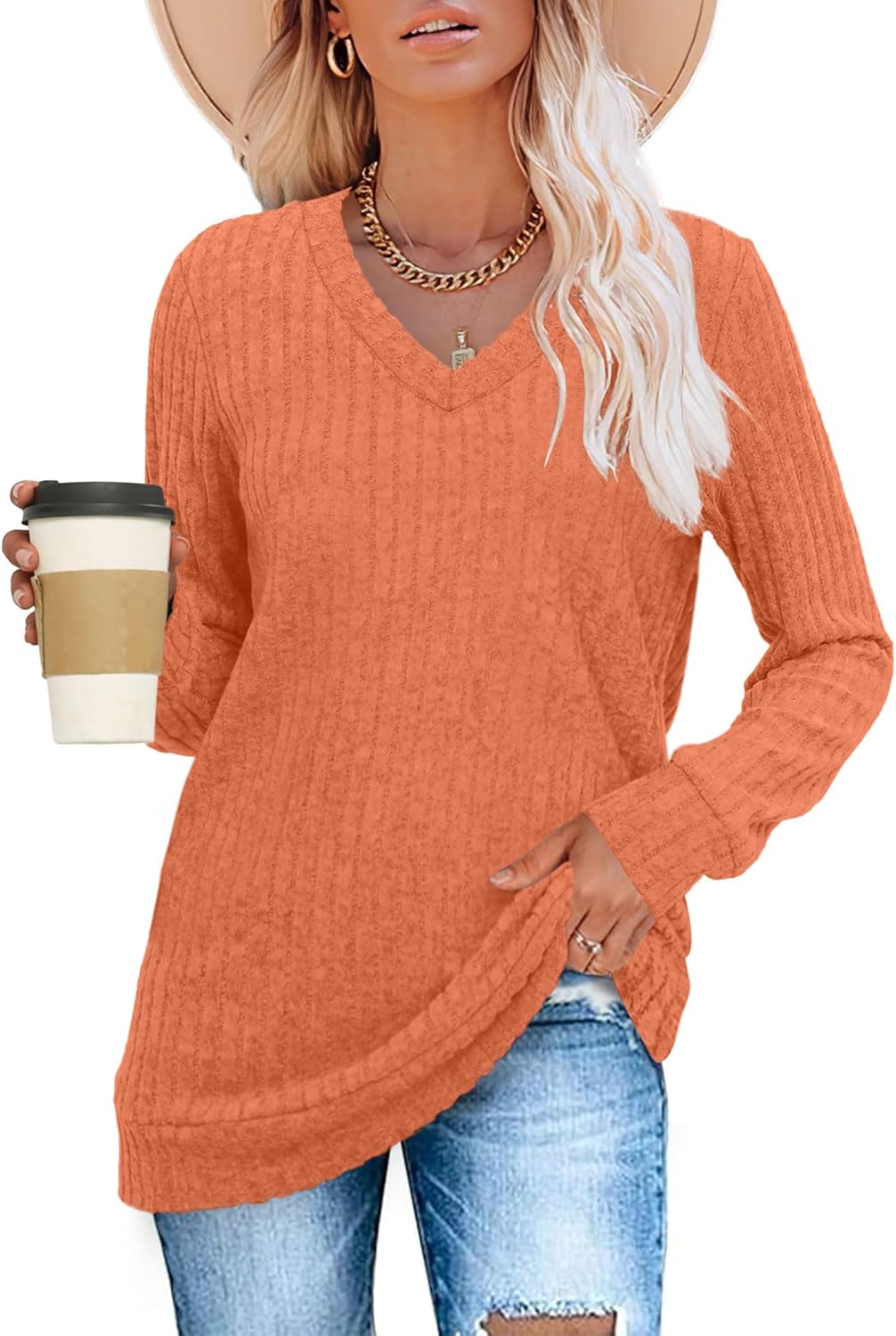 Pullover mit V-Ausschnitt und Rippenstruktur für Damen | COSYKNIT™