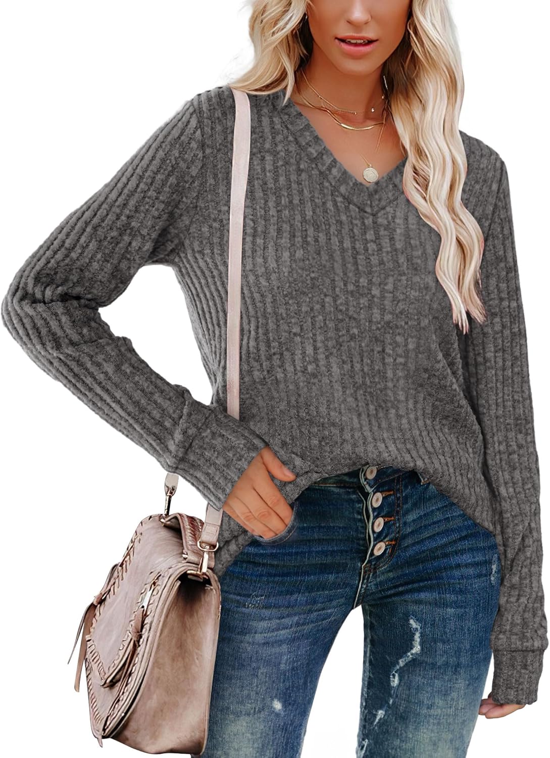 Pullover mit V-Ausschnitt und Rippenstruktur für Damen | COSYKNIT™