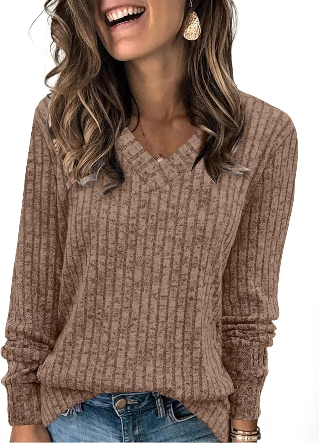 Pullover mit V-Ausschnitt und Rippenstruktur für Damen | COSYKNIT™