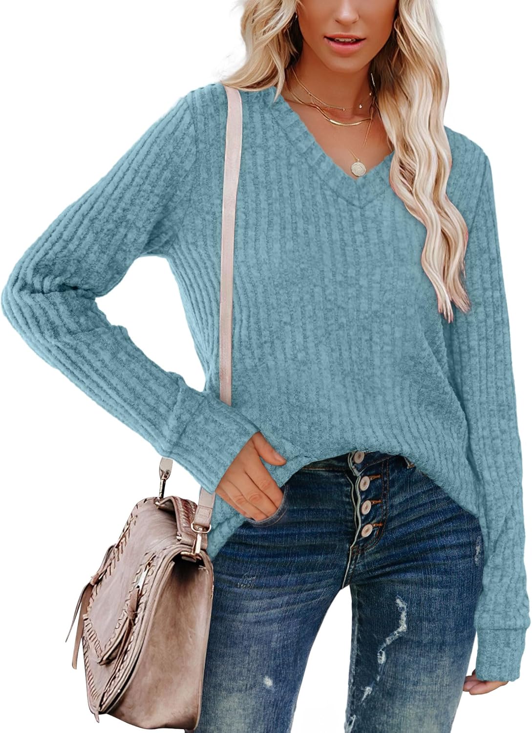 Pullover mit V-Ausschnitt und Rippenstruktur für Damen | COSYKNIT™
