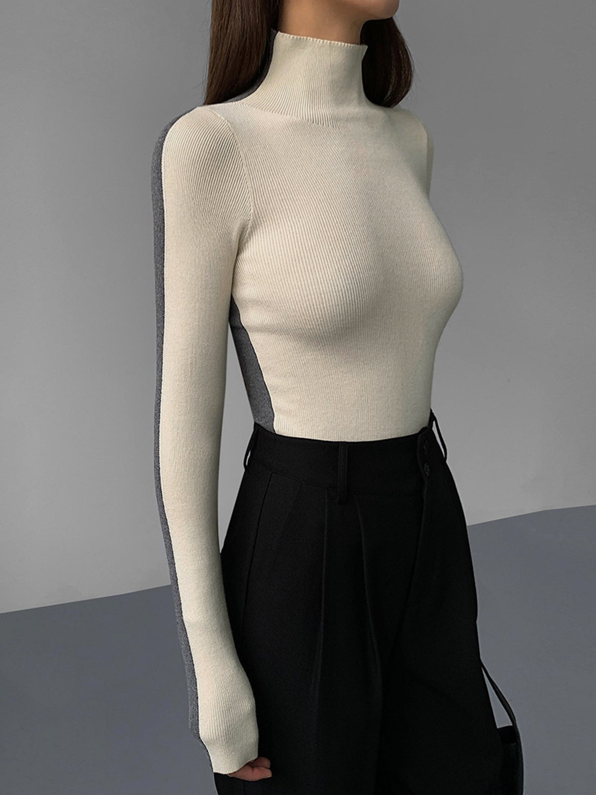 Damen Zweifarbiger Pullover mit langen Ärmeln | TWOTONEKNIT™