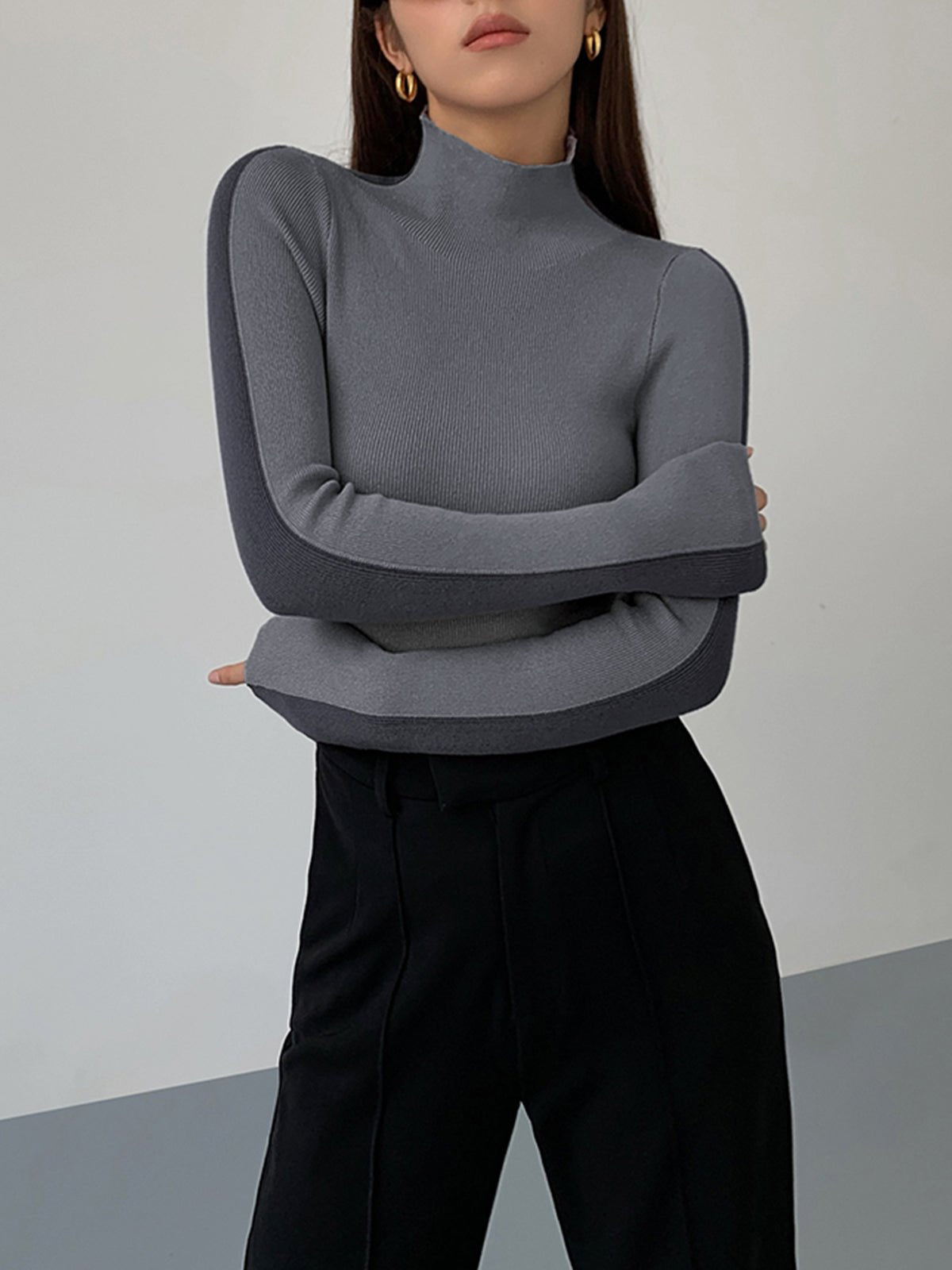 Damen Zweifarbiger Pullover mit langen Ärmeln | TWOTONEKNIT™
