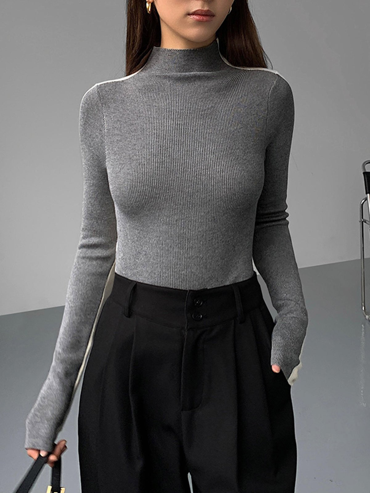Damen Zweifarbiger Pullover mit langen Ärmeln | TWOTONEKNIT™