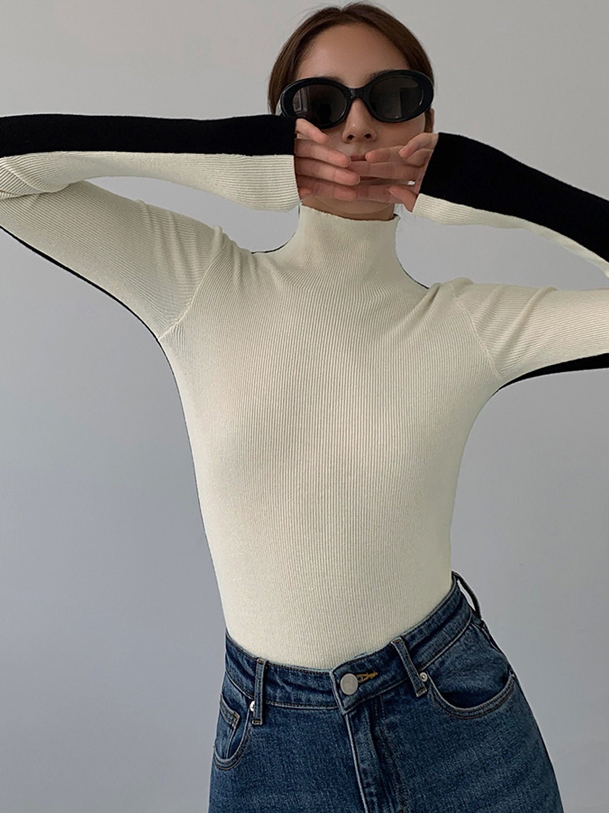 Damen Zweifarbiger Pullover mit langen Ärmeln | TWOTONEKNIT™