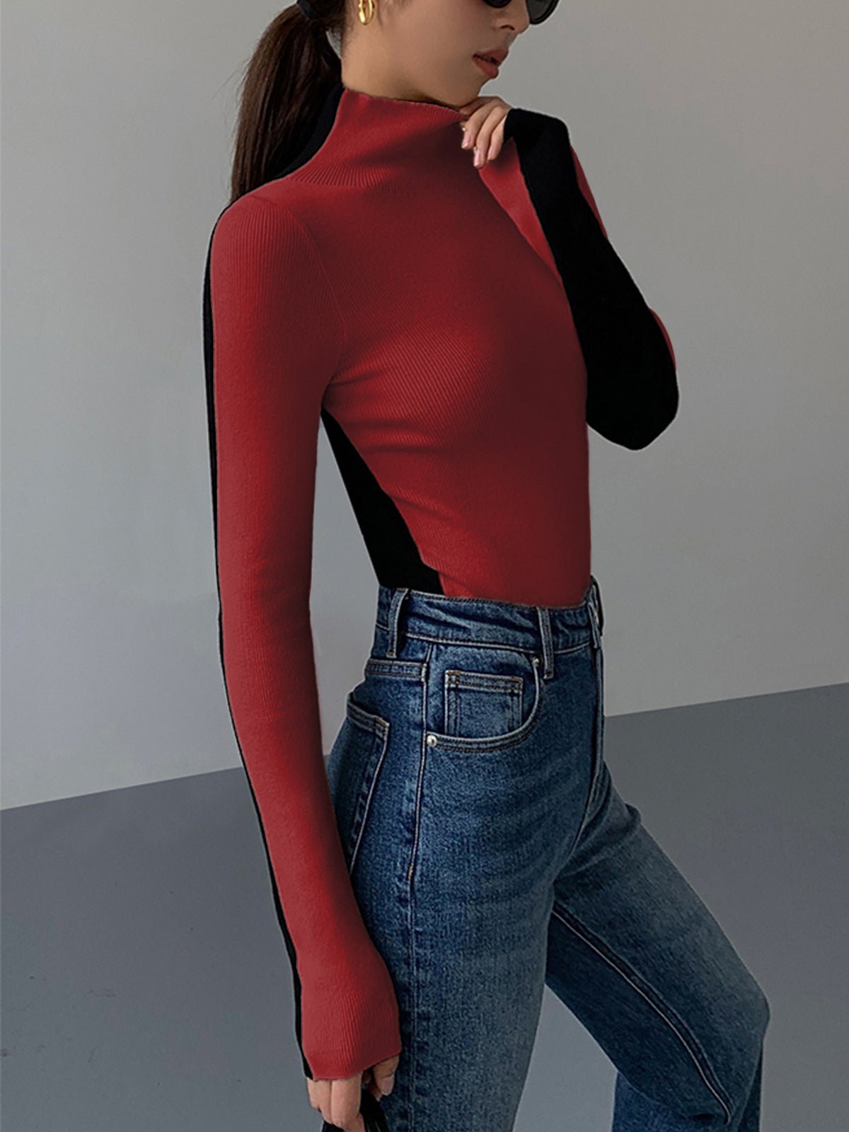 Damen Zweifarbiger Pullover mit langen Ärmeln | TWOTONEKNIT™