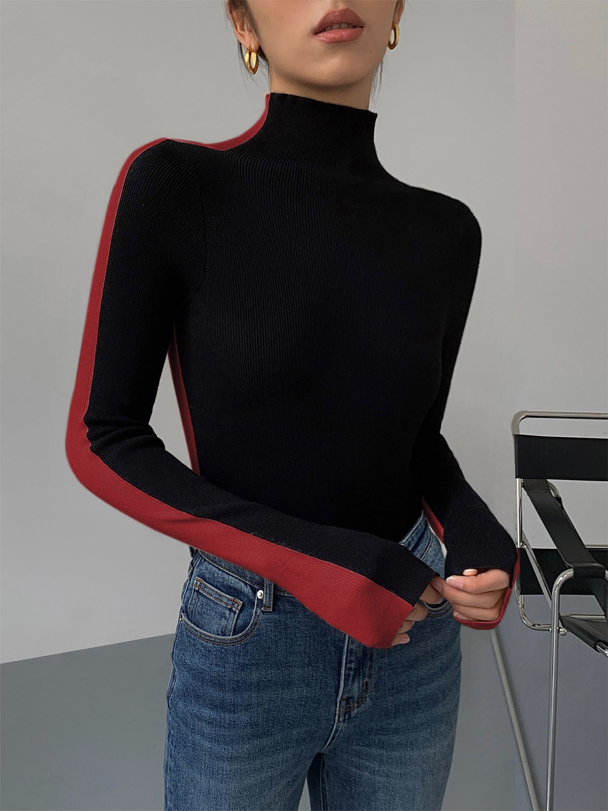 Damen Zweifarbiger Pullover mit langen Ärmeln | TWOTONEKNIT™