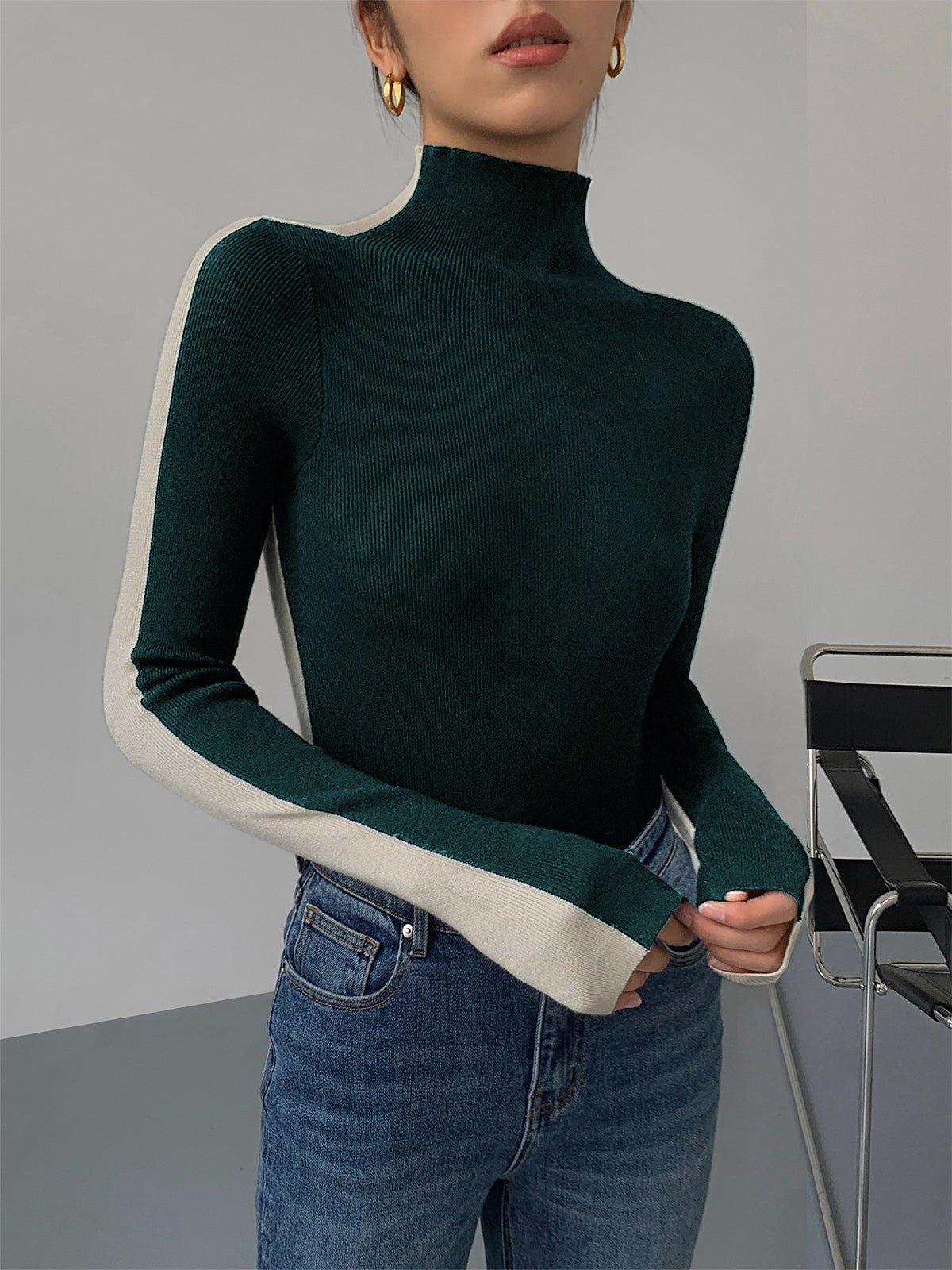 Damen Zweifarbiger Pullover mit langen Ärmeln | TWOTONEKNIT™
