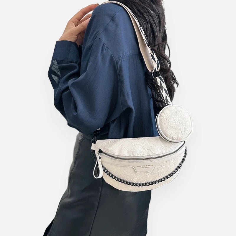 Gürteltasche aus Leder mit Blumenmuster, Schulterriemen und Geldbörse | LUCY