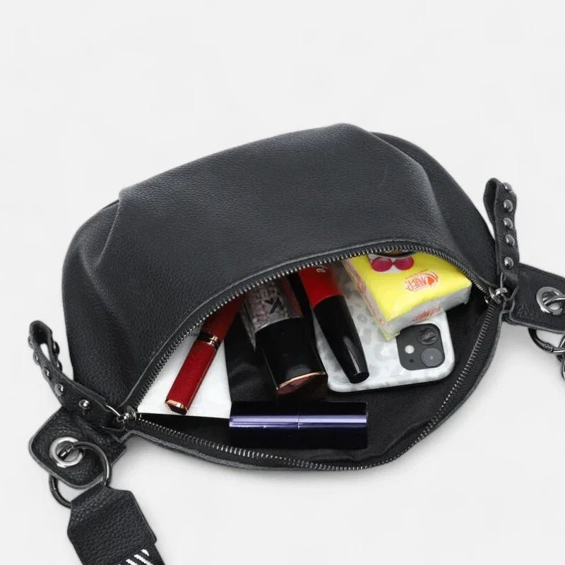 Damen Gürteltasche aus schwarzem Leder mit elegantem Schulterriemen | ADENIA