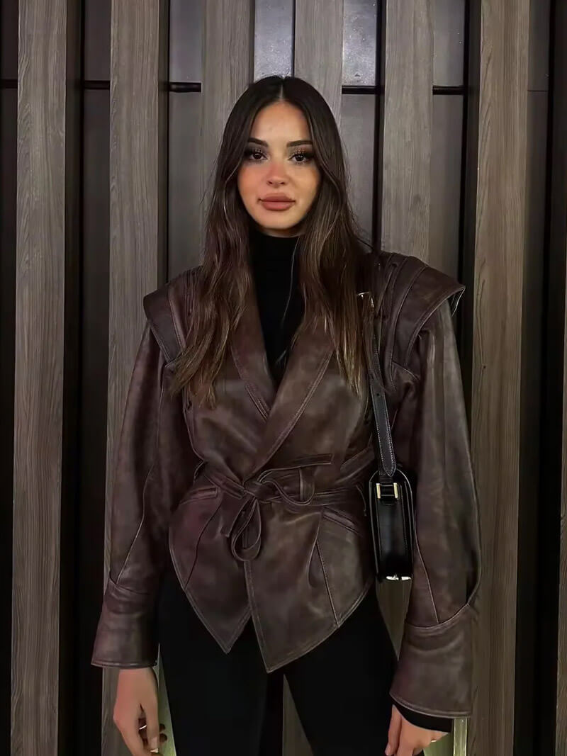 Kunstlederjacke mit Gürtel für Damen | GLAMIA™