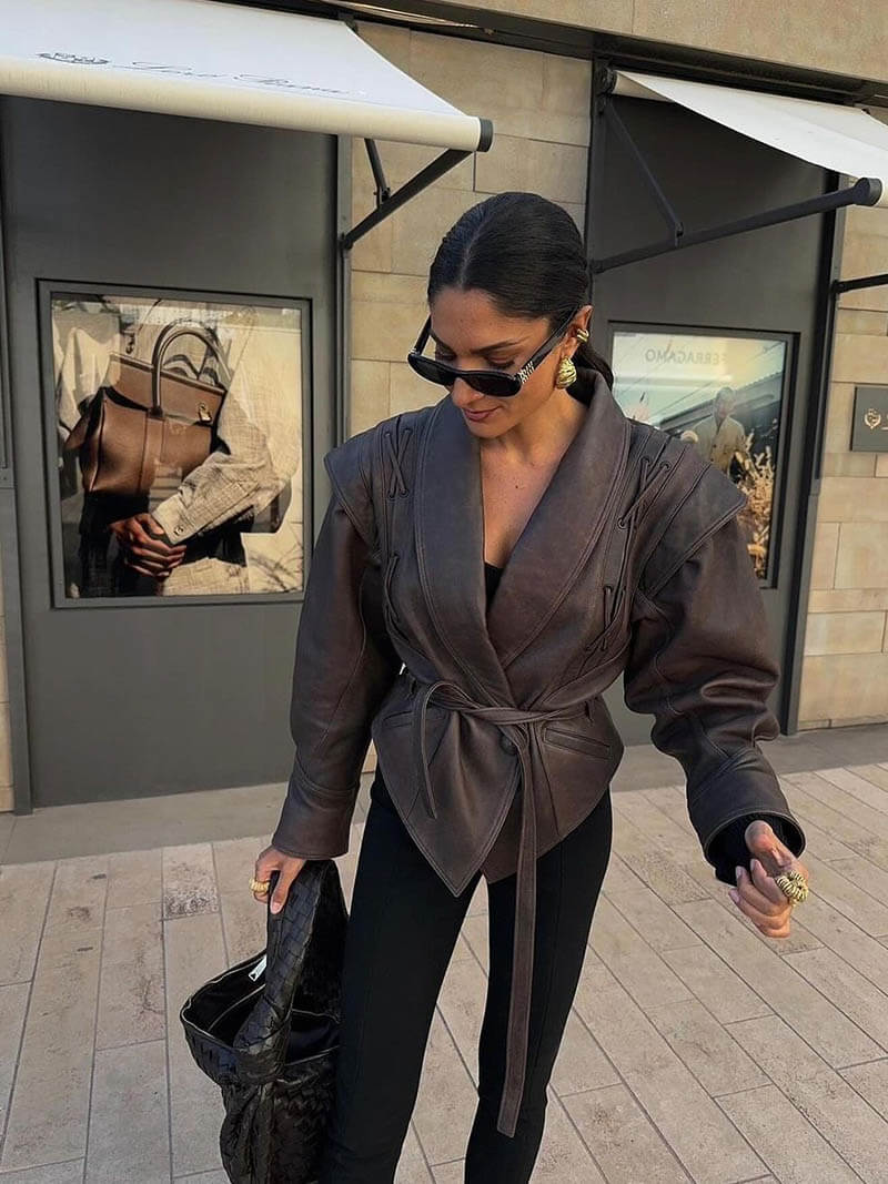 Kunstlederjacke mit Gürtel für Damen | GLAMIA™