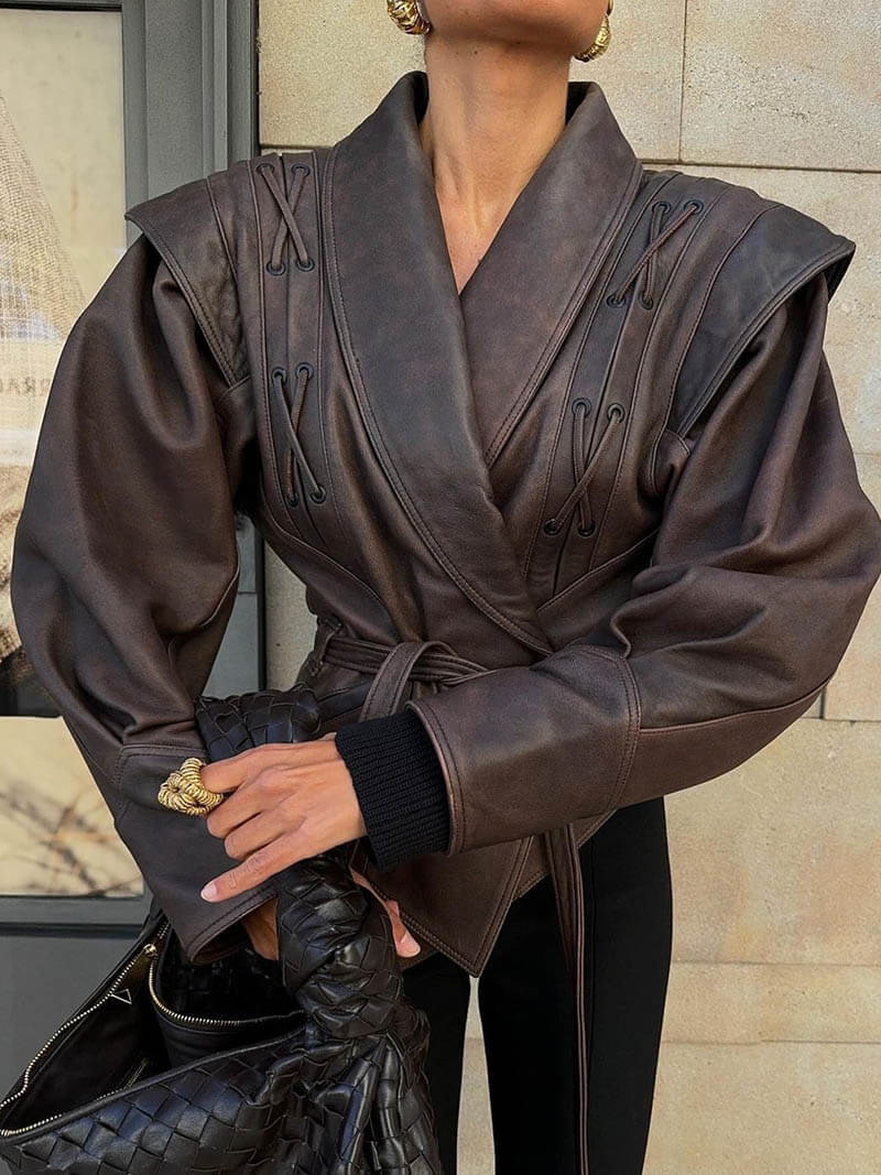 Kunstlederjacke mit Gürtel für Damen | GLAMIA™