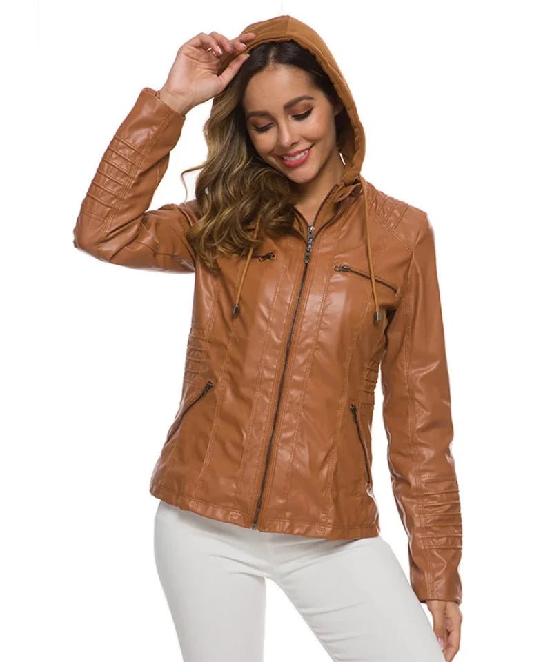Veste Similicuir avec Capuche Femme marron