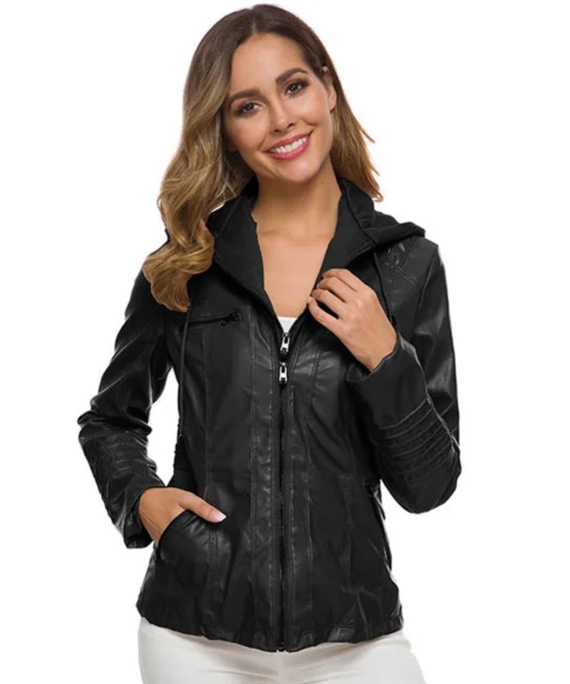 Veste Similicuir avec Capuche Femme noir