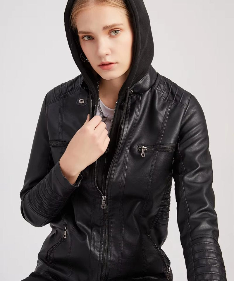 Veste Similicuir avec Capuche Femme noir