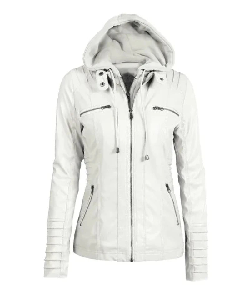 Veste Similicuir avec Capuche Femme blanc automne hiver