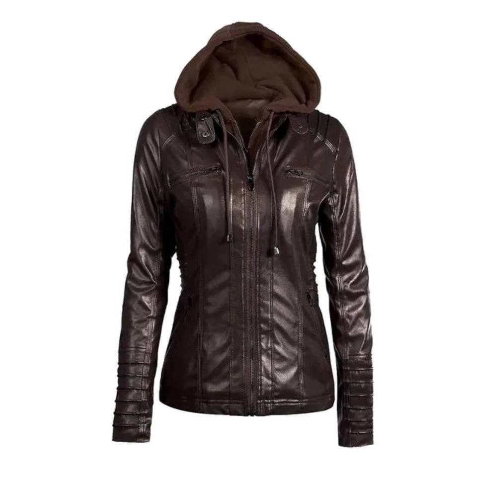 Veste Similicuir avec Capuche Femme marron foncé